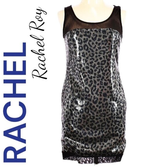 RACHEL RACHEL ROY Metallic Sequin Leopard Print Mini Cocktail Party Dress, Large - Picture 2 of 10